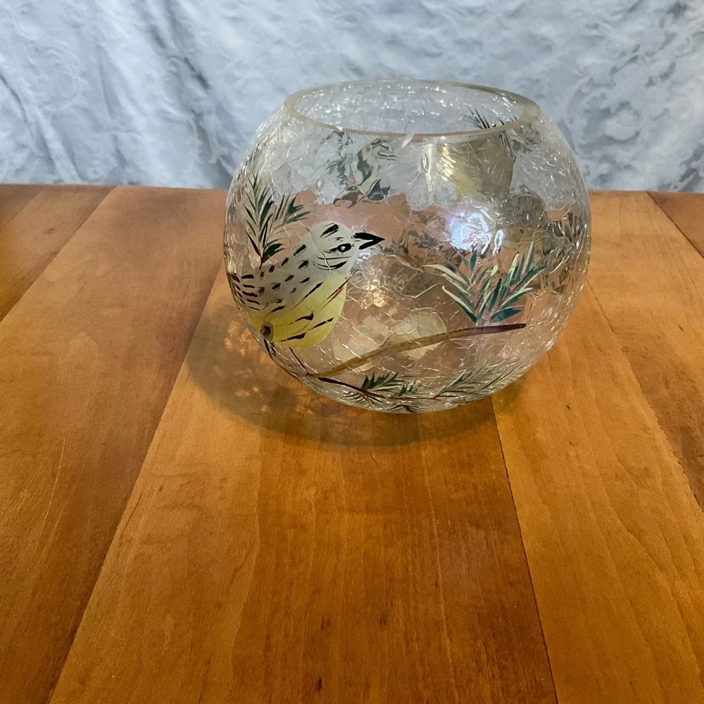 Fifth Avenue Crystal Hand Painted Crackle Glass Golden Finch‎ Candle Holder